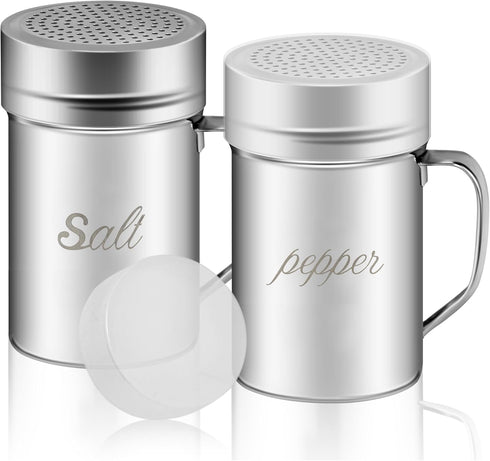 Large Stainless Steel Salt and Pepper Shakers Set, 14 OZ Spice Shaker with Lid and Handle, 127 Holes, 2 Pieces