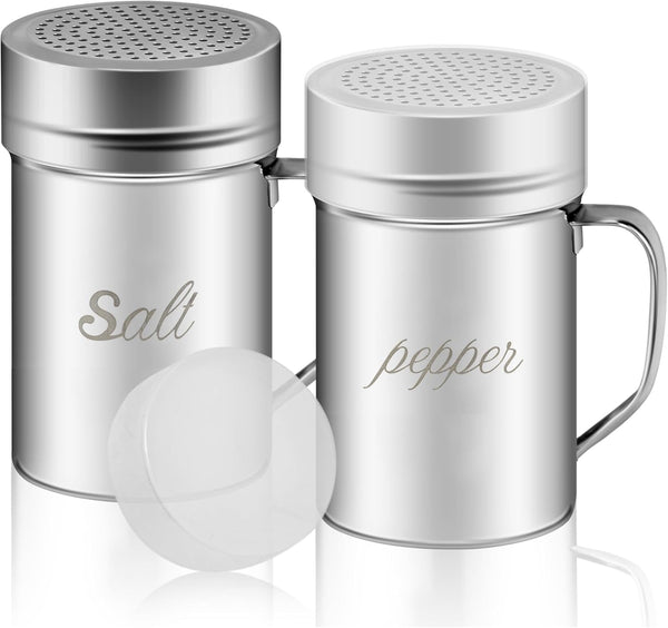 Large Stainless Steel Salt and Pepper Shakers Set, 14 OZ Spice Shaker with Lid and Handle, 127 Holes, 2 Pieces
