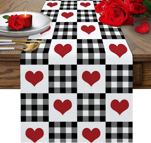 Buffalo Check Table Runners 90 Inches Long, Valentine's Day Love Heart Plaid Black White Table Runner for Family Dinner