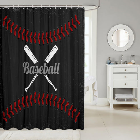 72Wx84L inch Castle Fairy Sports Baseball Bath Curtain,Vintage Sports Theme Shower Curtain,Retro Red Black Microfiber