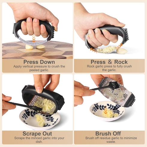 OERAIDIM Garlic Press Rocker - Stainless Steel Garlic Mincer, Garlic Chopper, Garlic Crusher with Garlic Peeler