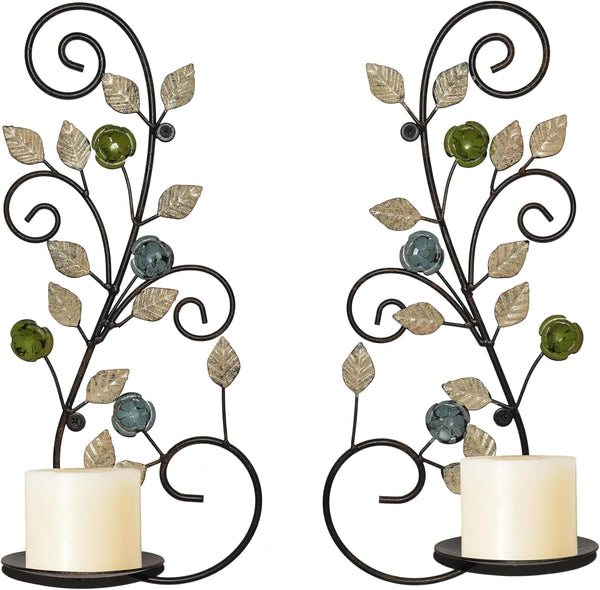 JUCONSIN Wall Sconces Candle Holder Set of 2, Antique White Leaf and Multi-Color