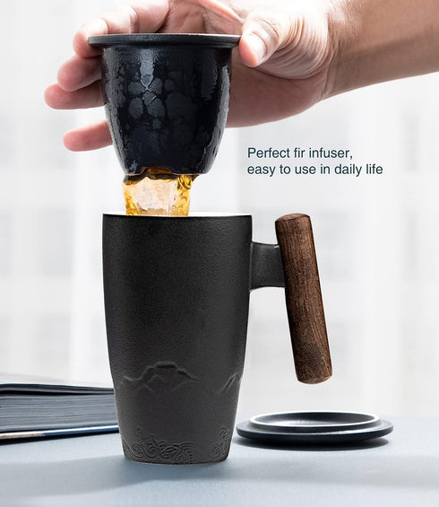 400ml/13.5oz suyika Tomotime Ceramic Tea Cup with Infuser and Lid Tea Mugs Wooden Handle Black