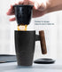 400ml/13.5oz suyika Tomotime Ceramic Tea Cup with Infuser and Lid Tea Mugs Wooden Handle Black