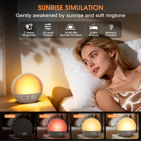 30 Dimmable Sunrise Alarm Clock, White Noise Sound Machine with Soothing Sounds, Night Light, Natural Sunlight Lamp