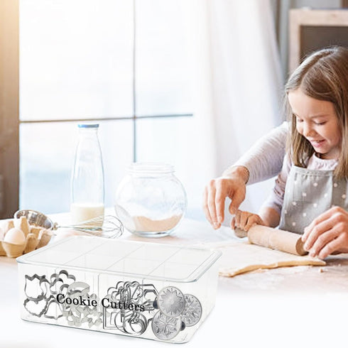 Cookie Cutters Organizer for Baking, Biscuit Cutters Storage Box with 8 Adjustable Compartments and Dustproof Lid
