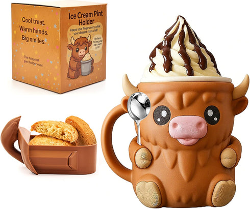 FUNKY WIZARD Highland Cow Ice Cream Pint Holder with Hoof Slots to Hold Your