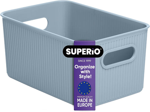 Superio Ribbed Collection - Medium Blue Decorative Plastic Open Storage Bins Organizer Baskets (1 Pack)