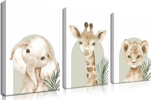 Nursery Wall Decor Set of 3, Cute Animal Lion Elephant Baby Pictures