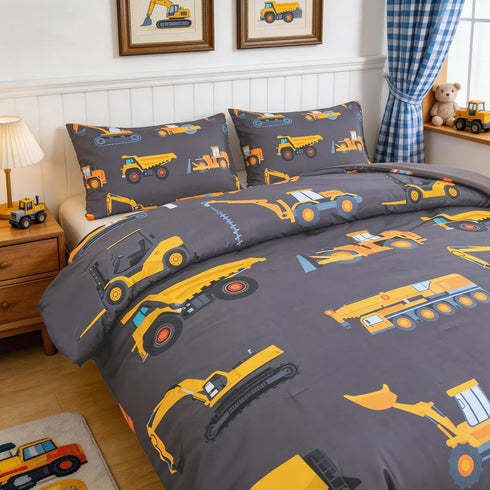 Set Set 3 Set Set 2 ZRNBAST Construction Kids Bedding for Boys Queen Size Trucks Dark Grey Comforter Teens Pieces