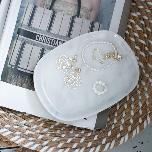 Marble Vanity Tray, Decorative Oval Storage Organizer for Mini Bathroom Kitchen Dresser Jewelry Dish, Counter or Desk
