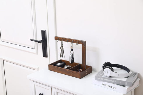 Wood Entryway Tabletop Key Holder Rack, Rustic Burnt Decorative Organizer with Storage Tray and Brass Tone Hooks