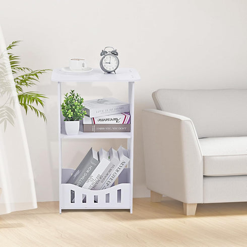 Wensdr 3 Tier Side Table Night Stand, Narrow End Table with Storage Shelf, Extended Desktop & Solid Structure, Small