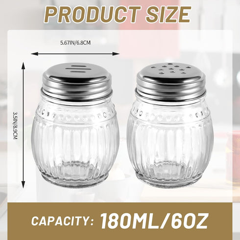 Cheese and Pepper Shakers Set of 2, 6oz Glass Spice Shakers with Stainless Steel Top