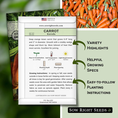 Packet (1) Sow Right Seeds - Kuroda Carrot Seeds for Planting - Non-GMO Heirloom with Instructions to Plant a Home