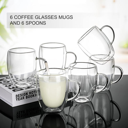 6 Pack 12oz 350ml LIBWYS Double Walled Coffee Cups Glasses Mugs, Espresso Cappuccino Latte Tea Cups with Handle, Heat