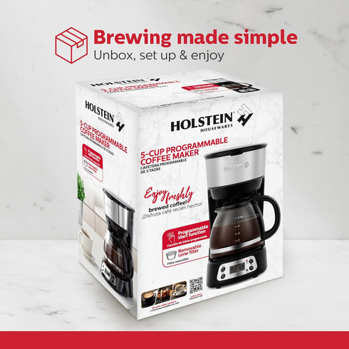 5-Cup Programmable 25oz Holstein Housewares Coffee Maker, Drip Coffee Machine with Auto Brew Timer, Pause & Serve