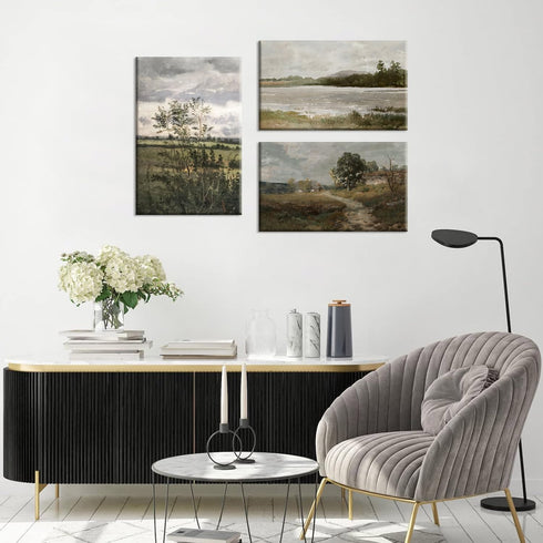 Field Landscape 3 Pieces Split Print Wall Art, Vintage Country Landscape Painting, Nature Abstract Art Mural