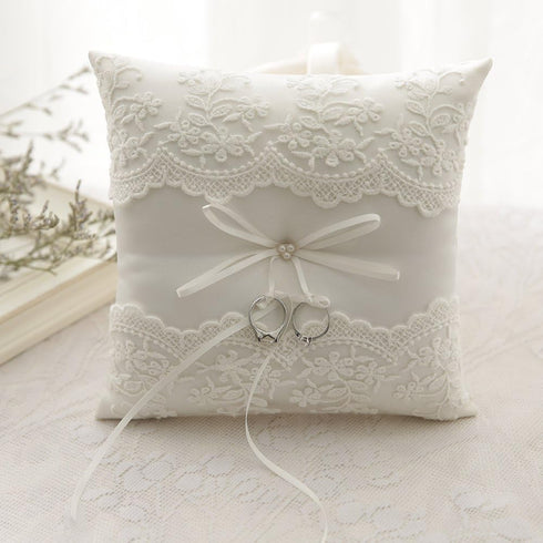 Awtlife Lace Pearl Wedding Ring Pillow Cushion, 8.26 Inch for Beach Wedding