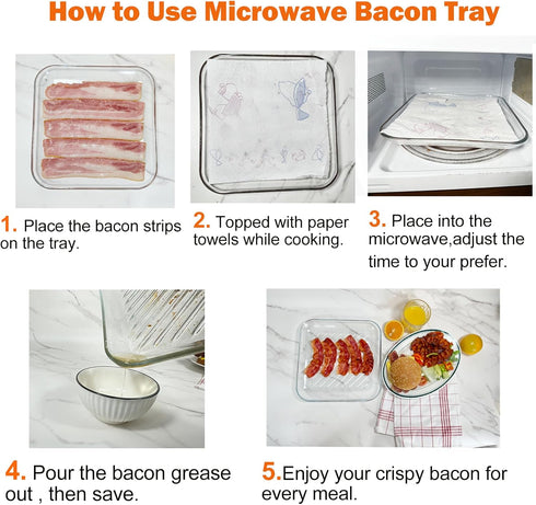 9.84inch, Microwave Bacon Cooker Pan, Square Glass Bacon Tray for Microwave and Oven Cook Crispy Strips in Minutes, No