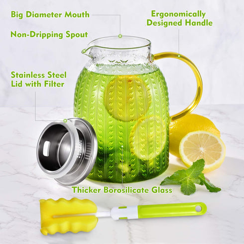 60oz Aofmee Glass Pitcher, Water Pitcher with Lid, Iced Juice Jugs for Fridge, Glass Carafe for Cold or Hot Beverages