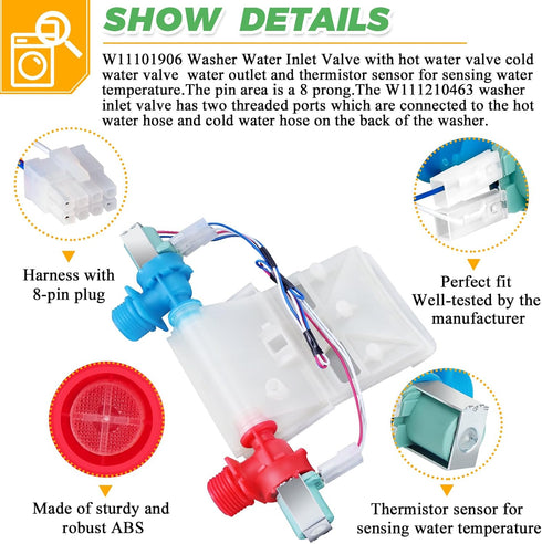 Upgrade W11101906 Washer Water Inlet Valve by Techecook, Compatible with Whirlpool, Amana, Maytag