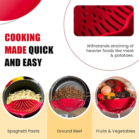 Clip On Kitchen Food Strainer for Spaghetti, Meat, Pasta, & Ground Beef Grease - Includes Silicone Drainer, Brush &