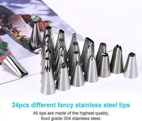 34Pcs Piping Bags and Tips Set - Bake Cake Decorating Kit with 24 Stainless Steel Tips and Reusable Silicone Bags