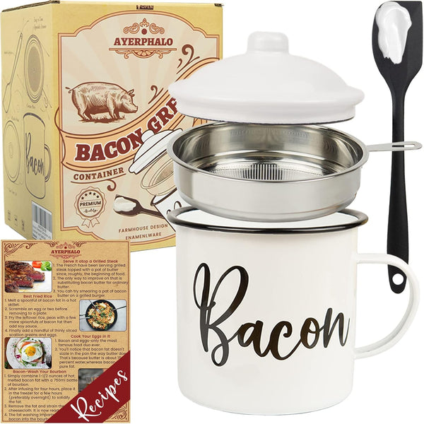 Bacon Grease Container with Strainer - With Food-Grade Silicone Spatula , 46oz