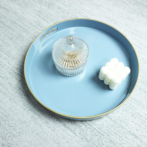 13" Spsyrine Round Blue Decorative Tray, Plastic Serving Table Tray with Handles for Breakfast, Ottoman, Coffee Table