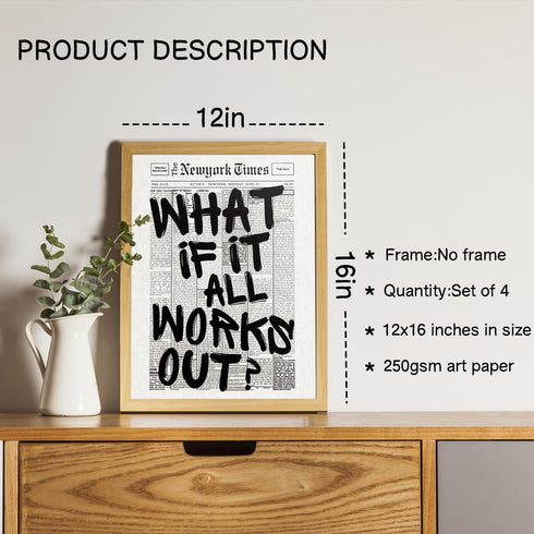 NaZaUK 70s 12x16 Retro Black And White Newspaper Poster Wall Art, What If It All Works Out Wall Art, Trendy Preppy