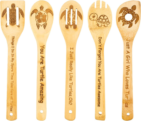 5PCS Turtle Wooden Cooking Spoons Set, Bamboo Cooking Utensil Spoons, Turtle Gifts for Women, Kitchen Decor