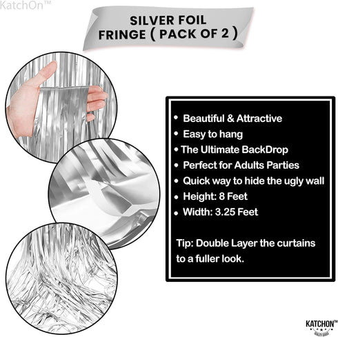 KatchOn XtraLarge Silver Backdrop Curtain - 3.2x8 Feet, Pack of 2 | Silver Streamers for Disco Party Decorations,
