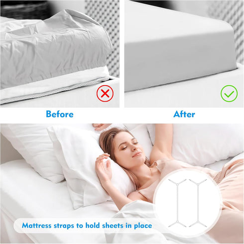 Bed Sheet Straps, 2Pcs Elastic Adjustable Bed Sheet Holder Straps, Fitted Sheet Straps to Hold Sheets in Place with Metal Clips, Sheet Holders for Mattress Cover, Sheet, Sofa Cushion (White)