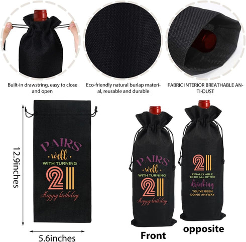 Cool 21st Birthday Gifts for Her Him Wine Bag, 21 Year Old Birthday Gifts for Her Women Men, Happy Anniversary 21st Birthday Party Decorations for Her Him Black Wine Bags