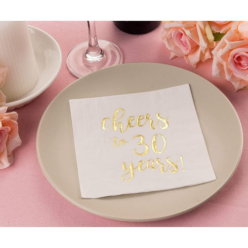 Juvale Cheers to 30 Years Cocktail Napkins, 5 x 5 In, 3-Ply White & Gold Foil, 50 Pack