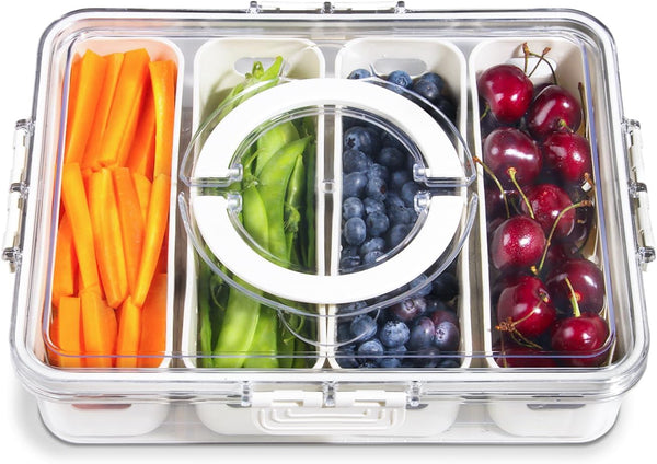 Portable Fruit Storage Containers for Fridge, 4 Compartments Snack Box Container, BPA-Free Divided Serving Tray with