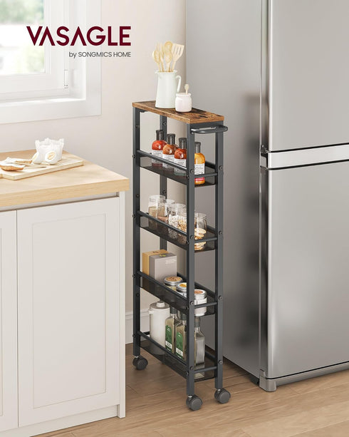 VASAGLE Slim Rolling Cart, 5-Tier Storage Cart with Handle, 5.1 Inches Deep Metal Frame for Kitchen, Dining Room, Home