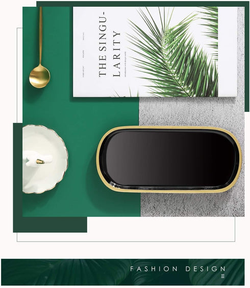 Jewelry Organizer Tray, Oval Resin Dish for Bathroom Kitchen Dresser, Ring Holder Cosmetic Organizer - Black & Gold