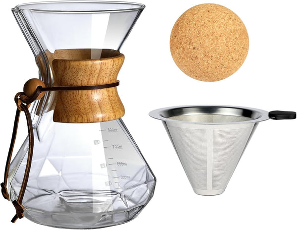 Pour Over Coffee Maker Set with Wood Sleeve, 27oz/800ml Dripper, Cork Stopper