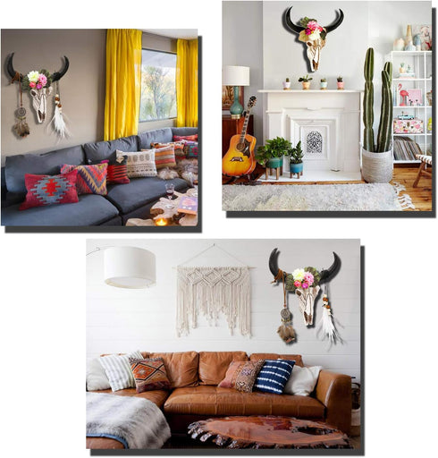 alikiki Floral Cow Skull Wall Decor – DIY Faux Bull Skull Head Wall Hanging 3D Boho Chic Decor with Dreamcatcher Feather