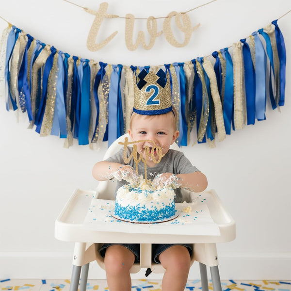 PapaKit 2nd Birthday Boy High Chair Decorations - Blue & Gold Ribbon