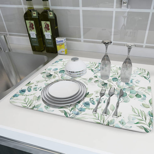 Watercolor Sage Leaves Dish Drying Mats - 16x18 Inch Kitchen Accessories
