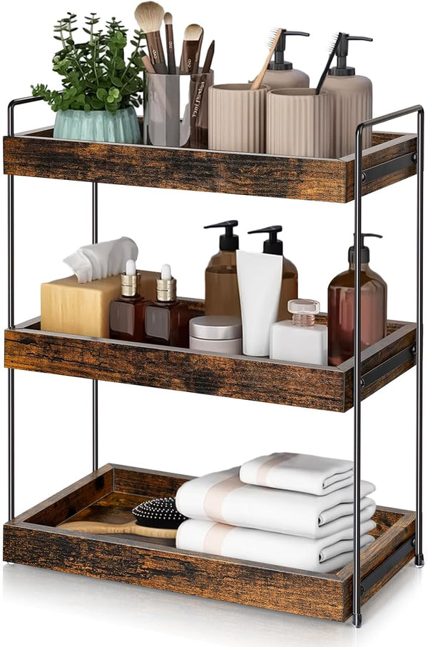 Cedwnuer 3-Tier Bathroom Countertop Shelf, Wood Spice Rack Organizer for Kitchen Counter, Vanity