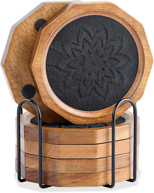 LiWiBet Wood Coasters for Drinks Absorbent with Lip, 4.3 Inch Rustic Acacia Wood