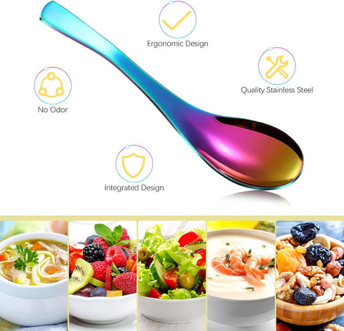 6 Pieces Rainbow Stainless Steel Soup Spoons, Colorful Mirror Finish for Kitchen Serving