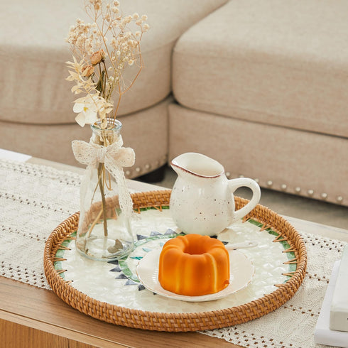 Nonam 100% 13.5" Shellac Rattan Tray with Mother of Pearl Inlay, Round Decorative Serving Tray for Home Dcor Coffee