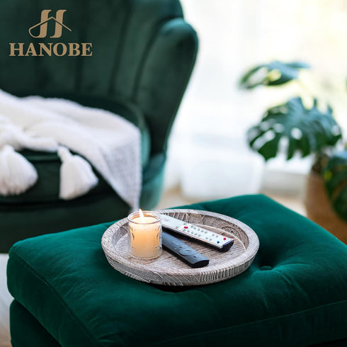 Hanobe Decorative Tray for Coffee Table: Round Candle Plate Holder Centerpieces for Dining Room Kitchen - Wooden