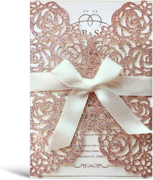 20PCS 5.12 x 7.28'' Laser Cut Wedding Invitations Cards with Envelopes, Hollow Rose Pocket with Bowknot for Bridal