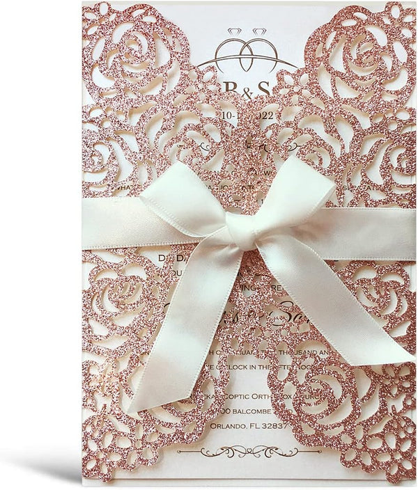 20PCS 5.12 x 7.28'' Laser Cut Wedding Invitations Cards with Envelopes, Hollow Rose Pocket with Bowknot for Bridal